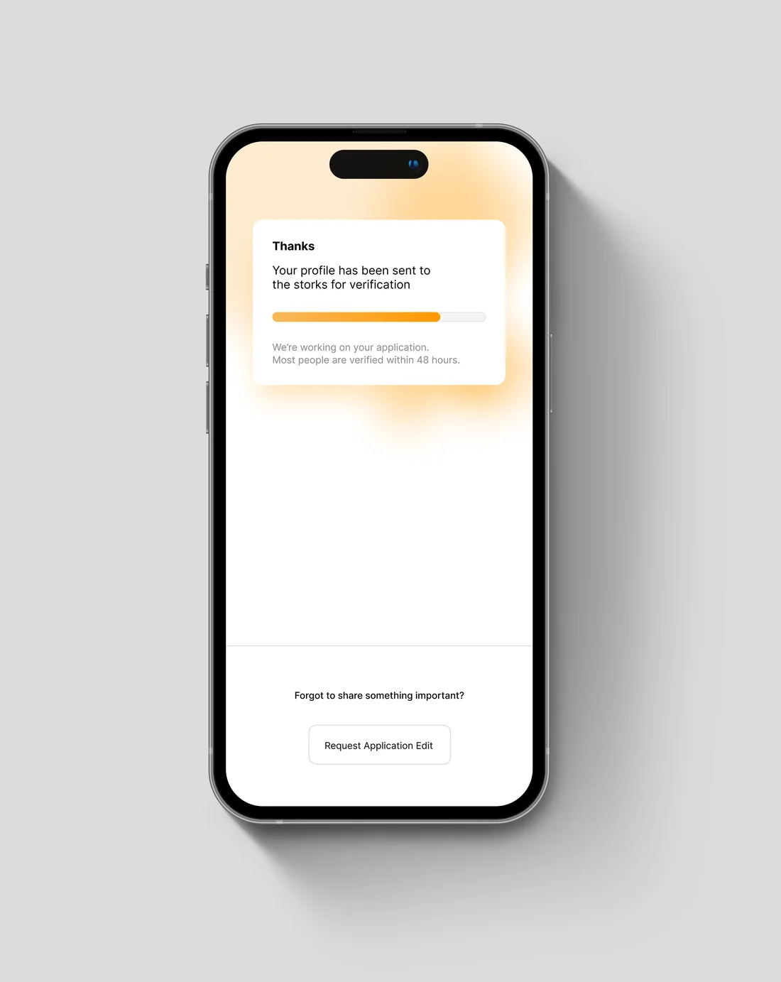 Phone showing: your profile has been sent to the storks for verification, most people are verified within 48 hours