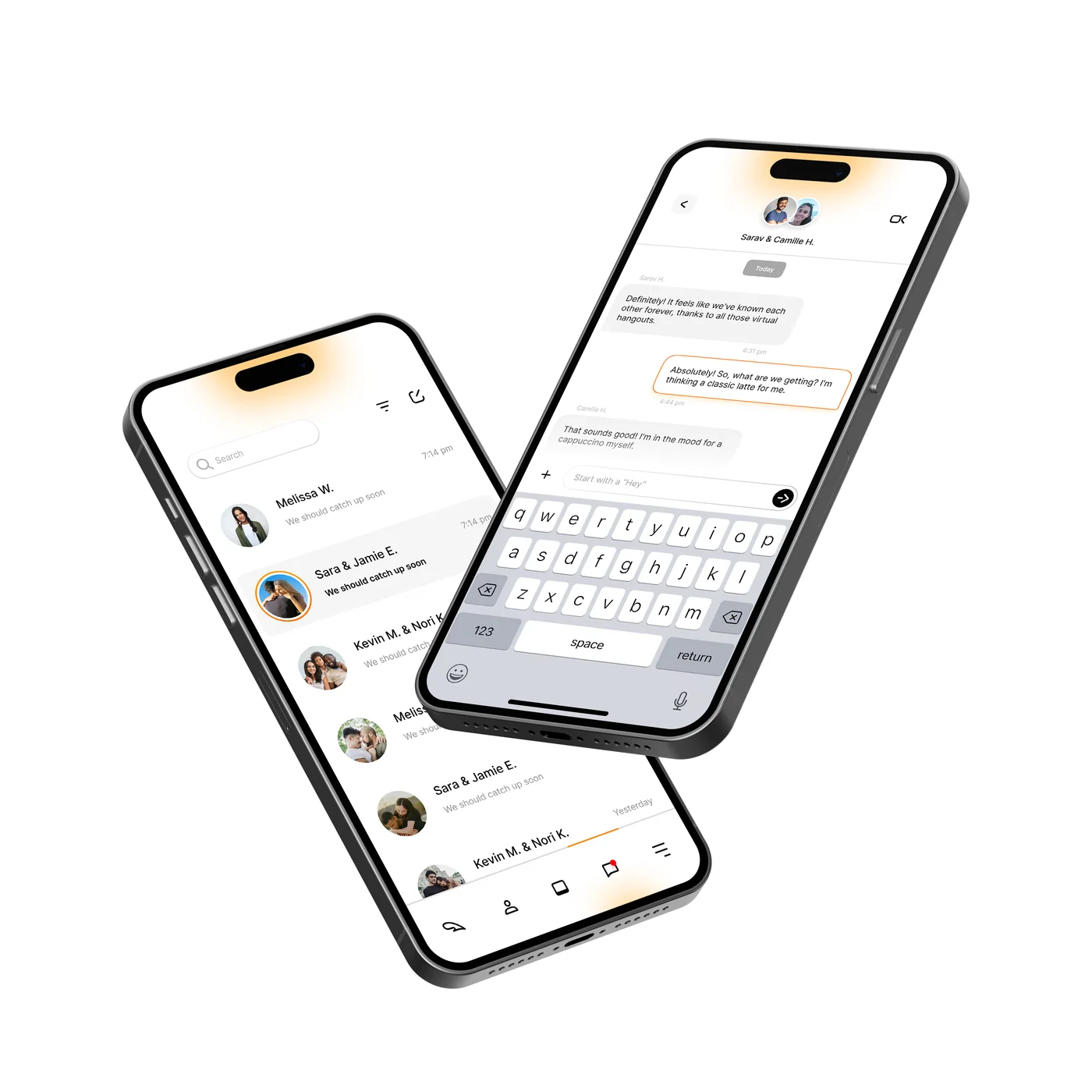 Two phones showing the conversation list and an open chat with the prompt Start with a Hey
