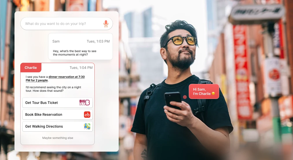 A traveler on a busy city street holding a phone, beside an ihCities chat where Charlie suggests a night tour and offers to book a bus ticket, a bike, or walking directions