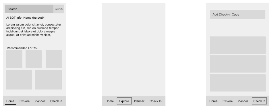 Three grayscale wireframes: a home screen with search, AI bot info, and recommendations, an Explore screen, and a Check In screen with an Add Check-In Code field