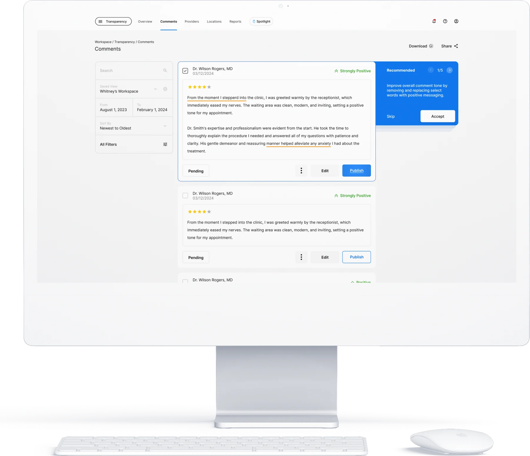 The comments queue: filters on the left, reviews with star ratings and sentiment labels, and a recommendation on the right