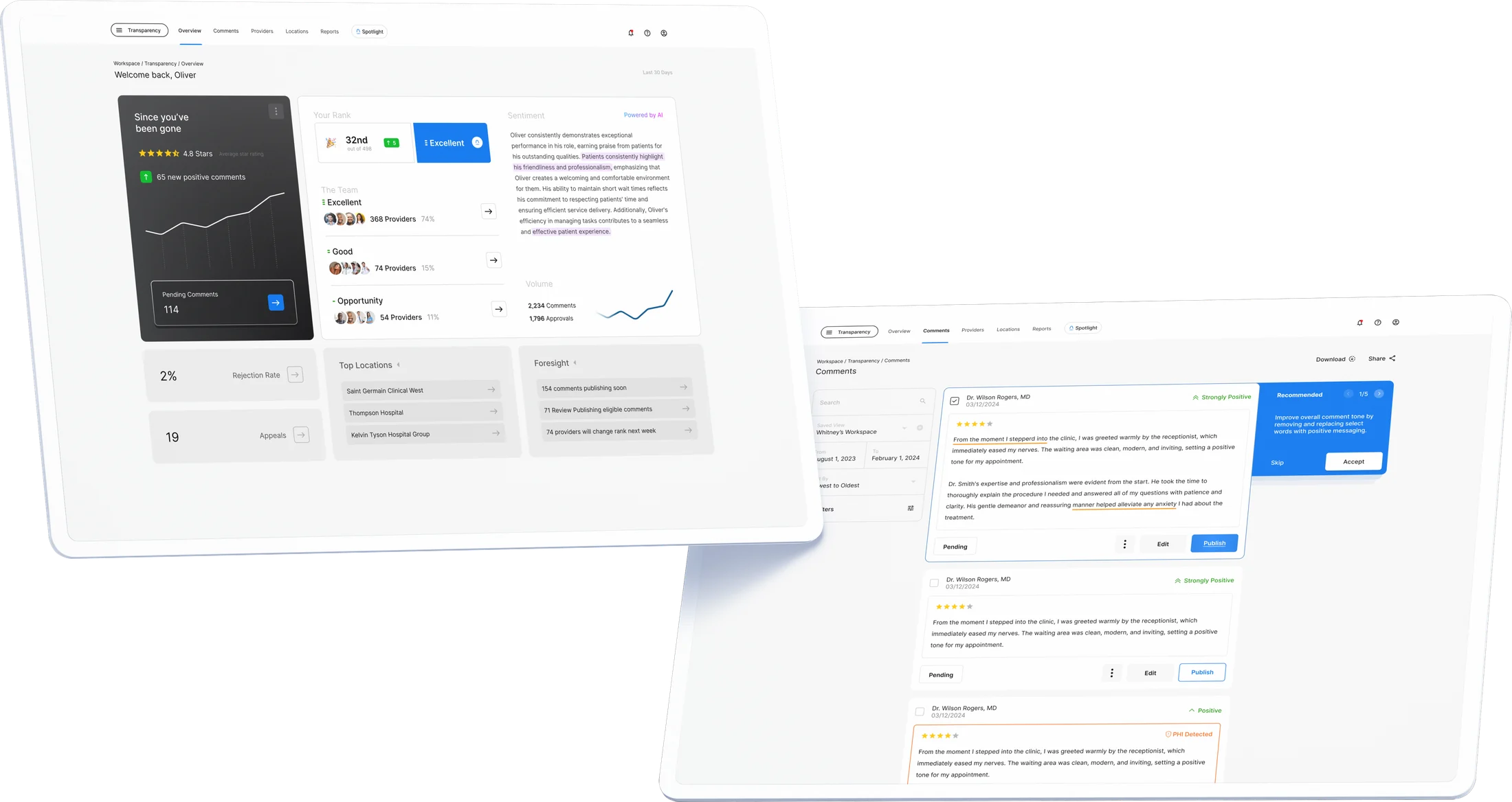Two screens: the Transparency overview dashboard and the comments queue with sentiment labels and a recommendation