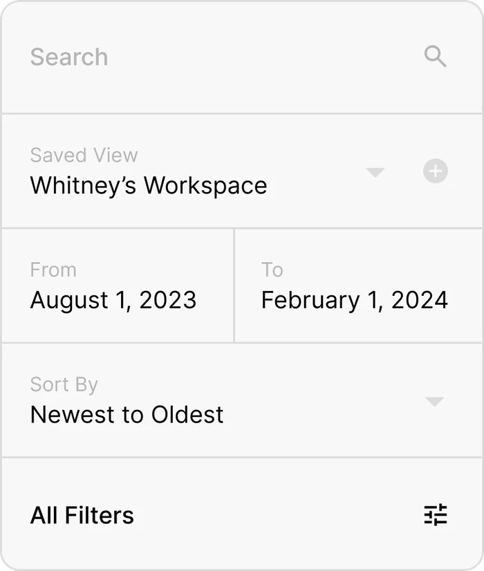 Filter panel with search, saved view, date range, and sort