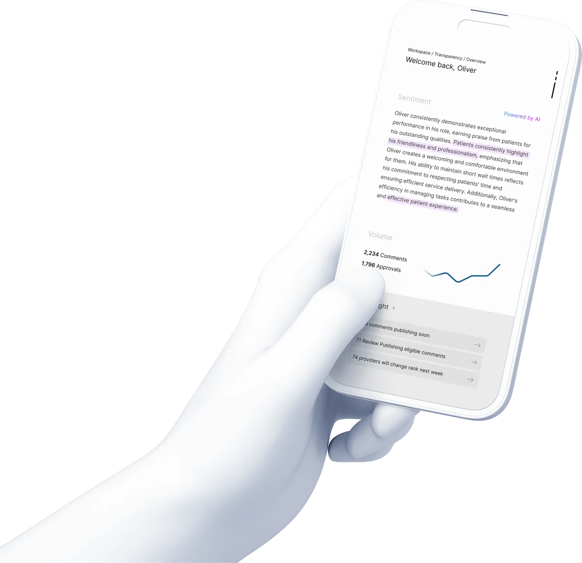 Hand holding a phone showing the AI sentiment summary and comment volume