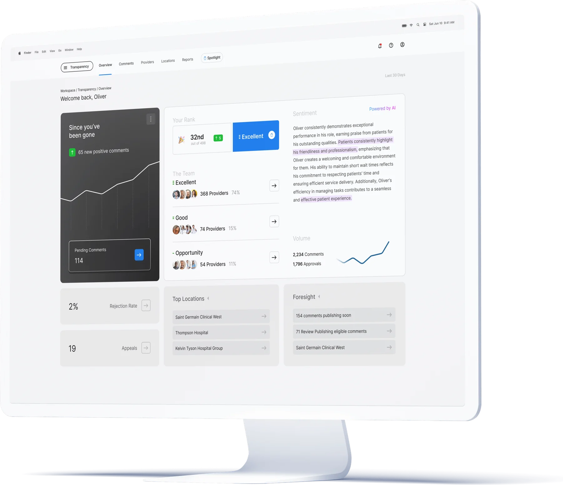 Transparency overview on a desktop: Since you've been gone, your rank, the team by rating, AI sentiment, top locations, and Foresight