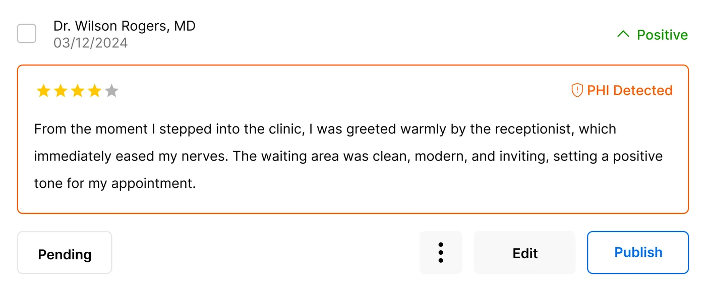 A patient comment outlined in orange with a PHI Detected flag