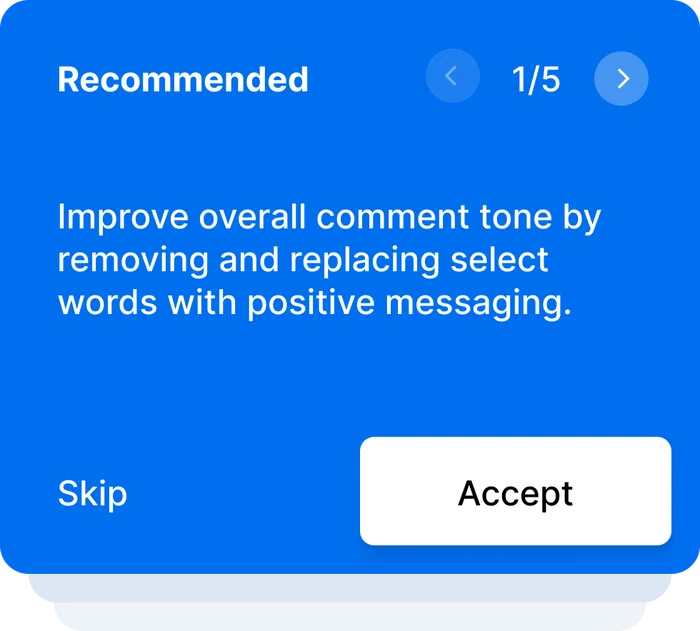 A blue Recommended card with Skip and Accept